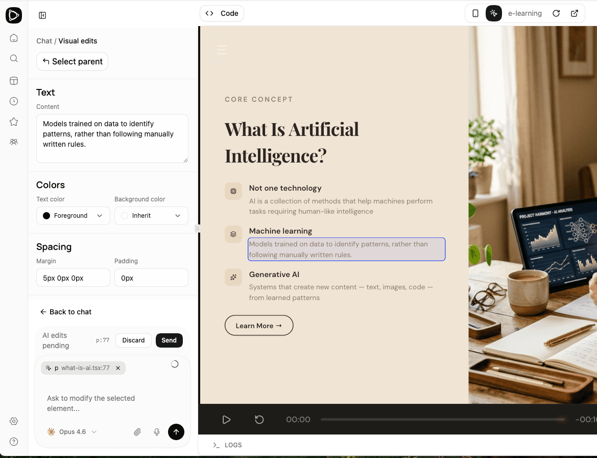 AI edit mode — changes sent to the agent