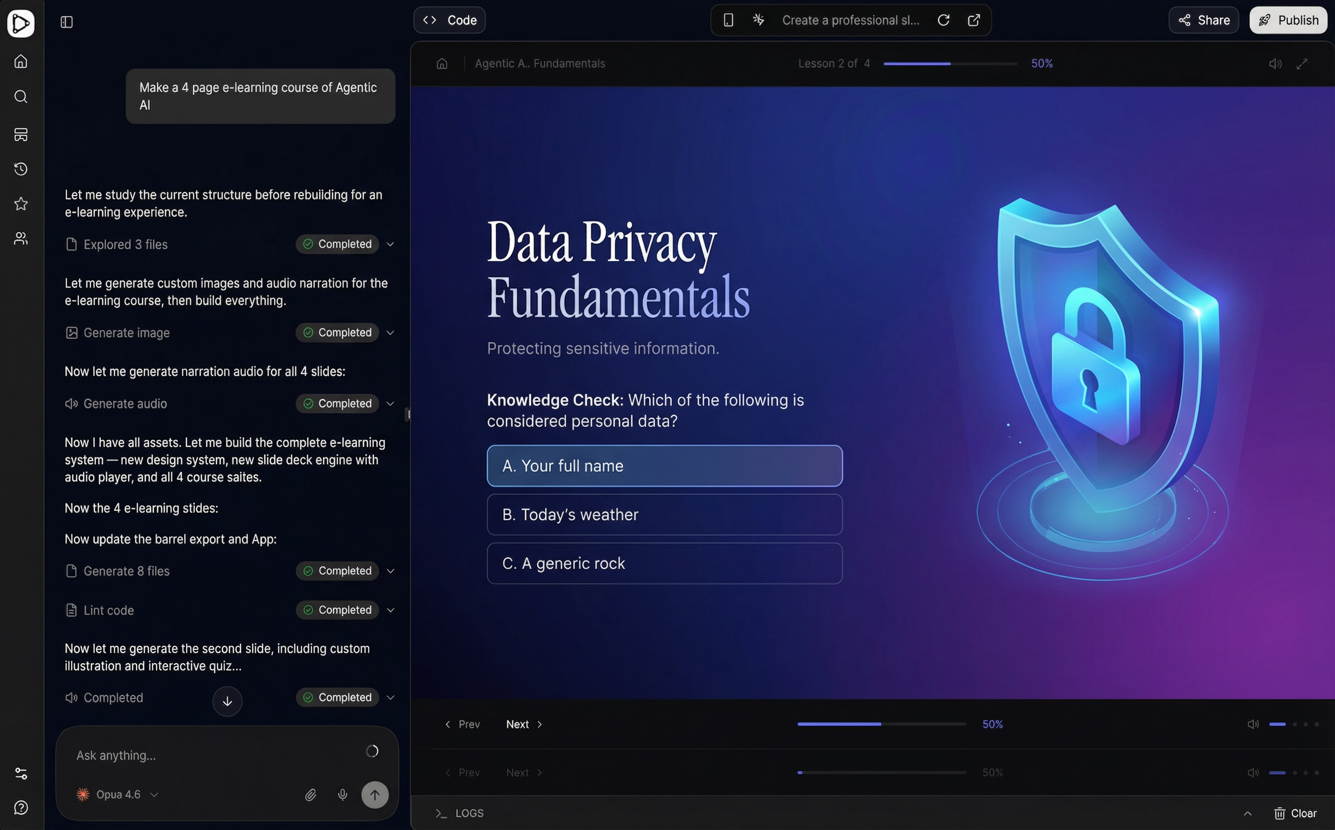 Live preview showing generated Data Privacy course with interactive quiz