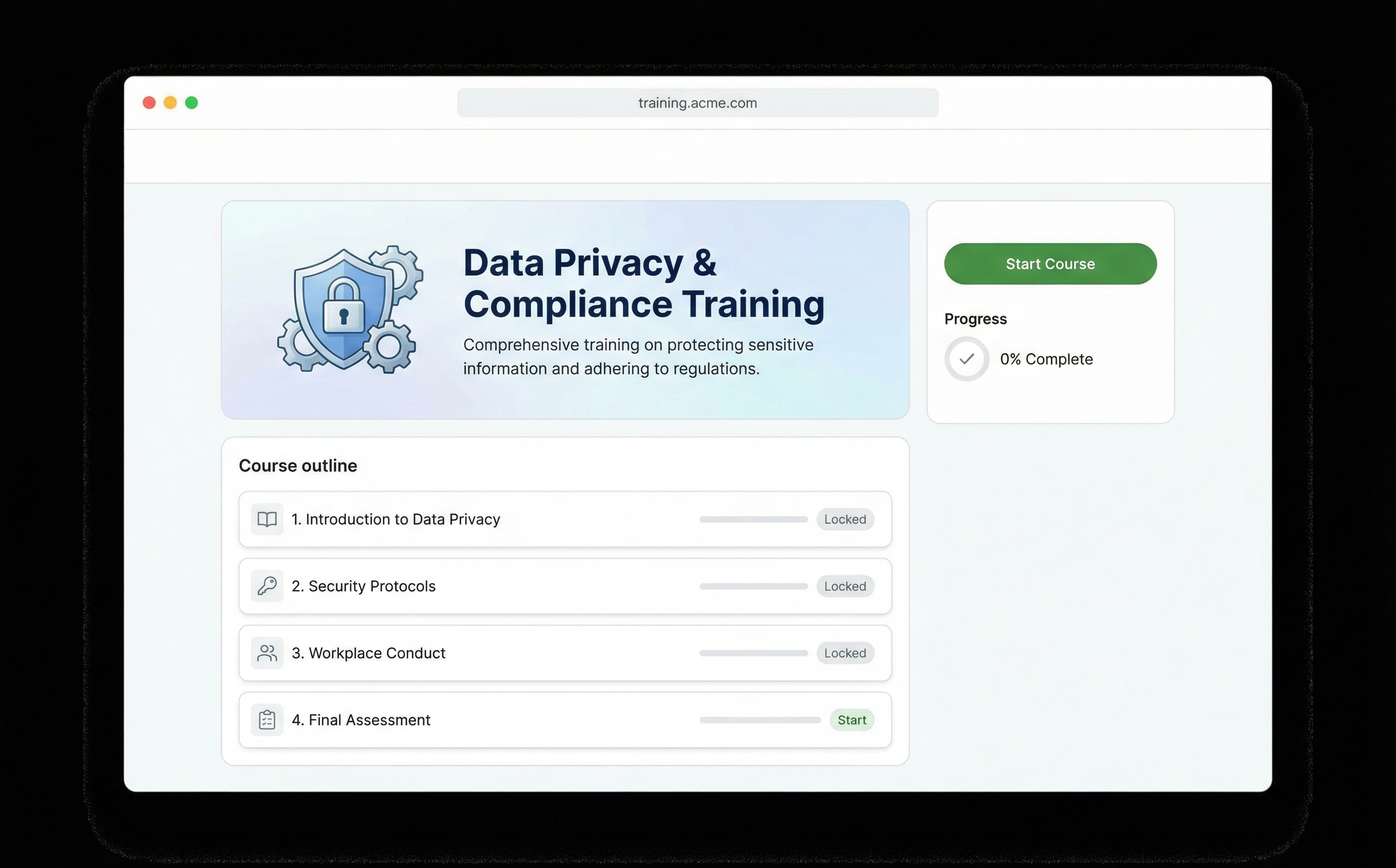 Published course on training.acme.com with course outline and progress tracker